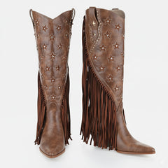 Tuhoomall Western Cowboy Knee-High Boot for Women, Comfortable Chunky Heel with Fringe, Star and Studded Design - Perfect for Fashion and Outdoor Events