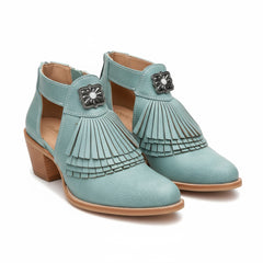 Tuhoomall Western Ankle Boots for Women with Chunky Heel, Snip-Toe, Fringe Design, Outdoor and Dance Ready, Faux Suede