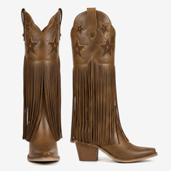 Tuhoomall Comfortable Western Knee-High Boots with Fringe and Studs for Fashion, Party, and Performance - 7.5cm Chunky Heel, All-Season Wear