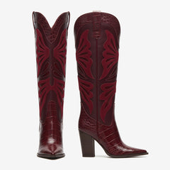 Tuhoomall Fashion Casual Knee-High Boots with Embroidery, Lizard Pattern Chunky Heel for Travel, Work, Party and Evening Wear