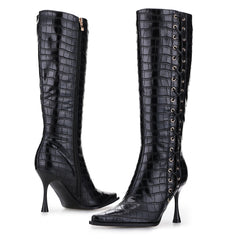 Tuhoomall Fashion Knee-High Boots for Women, Chic Style with Zipper and Stone Pattern, 9cm Stiletto Heels for Everyday and Work Use