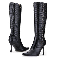 Tuhoomall Fashion Knee-High Boots for Women, Chic Style with Zipper and Stone Pattern, 9cm Stiletto Heels for Everyday and Work Use Tuhoomall
