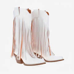 Tuhoomall Western Ankle Boots for Women, Fashionable Chunky Heeled Slip-On Design with Fringe and Letter Pattern, Comfortable All-Season Wear Tuhoomall