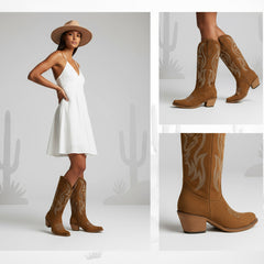 Tuhoomall Western Embroidered Pointed Toe Chunky Heel Slip-On Mid Calf Boots for Women, Retro Casual Style, Perfect for Weddings and Everyday Wear