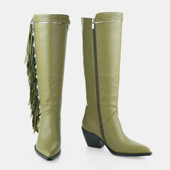 Tuhoomall Western Cowboy Knee-High Boots for Women, Comfortable Suede with Fringe & Metallic Accents, Stylish Block Heel for Outdoor Fashion Tuhoomall