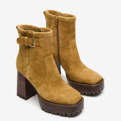 Tuhoomall Waterproof Chunky Heeled Ankle Boots for Outdoor, Work, and Casual Fashion - Adjustable Buckle, Zipper Closure, Quilted Suede