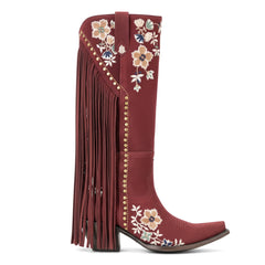 Tuhoomall Western Cowboy Boots for Women, Floral Embroidered Mid-Calf Chunky Heel, Trendy Fringe Detail, Perfect for Casual Outings and Performances