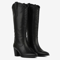 Tuhoomall Western Knee-High Boots for Women, 7cm Chunky Heels, Slip-On Style, Durable Woven Leather, Perfect for Work and Casual Occasions