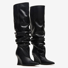 Tuhoomall Knee High Comfortable Wedge Booties With Pointed Toe For Parties, Performances, Fashion Events, Featuring Ruffled Design And Rubber Sole