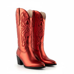 Tuhoomall Western Style Embroidered Mid Calf Boots for Women, Pointed Toe, Chunky Low Heel, Fashionable All-Season Footwear, Perfect for Parties Tuhoomall