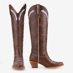 Tuhoomall Western Cowboy Knee-High Boots for Women, Floral Embroidery, Stylish Chunky Heels, Comfortable Everyday Wear