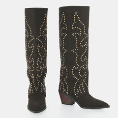 Tuhoomall Western Style Floral Embellished Women's Mid-Calf Boots with Chunky Heel for Fashionable Outdoor Casual Wear