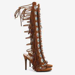 Tuhoomall High Heel Open Toe Booties with Fringe and Stone Detail for Party and Fashion Runway Events