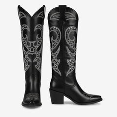 Tuhoomall Western Style Knee High Boots With Rhinestones & Embroidery, Trendy Chunky Heels For Casual Office Wear, All Season Comfort