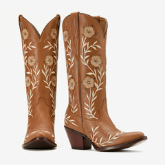 Tuhoomall Western Cowboy Knee High Boots with Floral Embroidery - Comfortable Chunky Heel for Casual, Work, Travel and Party Wear