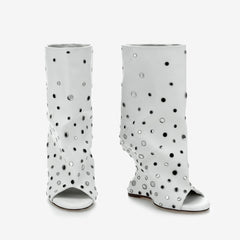 Tuhoomall Stylish Peep Toe Ankle Boots with Shiny Detail for Parties and Casual Outings - Comfortable 12cm Wedge Heels in All Seasons