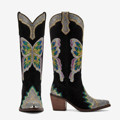 Tuhoomall Comfortable Rhinestone Knee-High Western Boots for Parties, Performances and Everyday Fashion