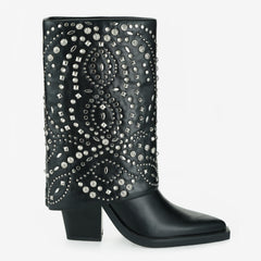 Tuhoomall Ankle Boots for Women, Stylish and Comfortable, Perfect for Parties and Casual Outings, Studded Design with Metal Buckle, 10cm Chunky Heel