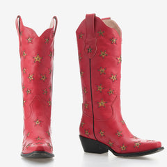 Tuhoomall Western Mid Calf Boots for Women - Embroidered Slip-On Design with Chunky Heel and Studded Details Tuhoomall