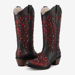 Tuhoomall Cowboy Boots for Women Western Square Toe Mid Calf White Cowgirl Boots Rhinestone Chunky Wedding