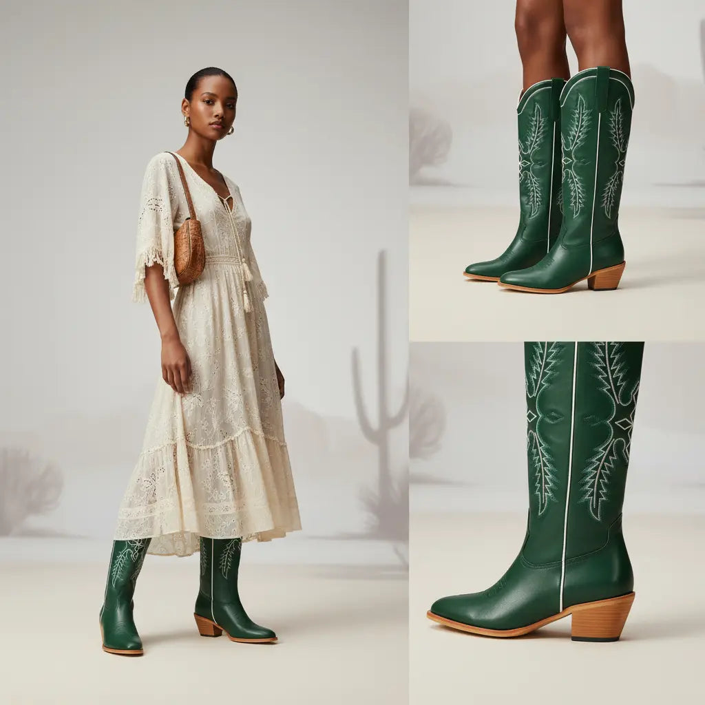 Tuhoomall Dark Green Embroidered Western Knee High Boots for Wide Calf with Chunky Heel Tuhoomall