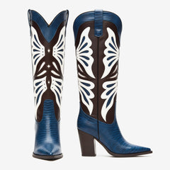 Tuhoomall Fashion Casual Knee-High Boots with Embroidery, Lizard Pattern Chunky Heel for Travel, Work, Party and Evening Wear