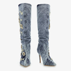 Tuhoomall Knee High Boots, Comfortable Ruched Design with Buttons, Fashionable Vintage Look for Casual Outings, 9.5 cm High Heel Tuhoomall