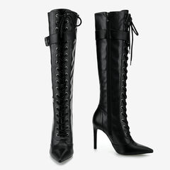 Tuhoomall Fashion Knee-High Boots For Parties, Stylish Pointed Toe With Adjustable Buckle And 9cm Stiletto Heels, Comfortable PU Material, Perfect For All Seasons