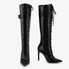 Tuhoomall Fashion Knee-High Boots For Parties, Stylish Pointed Toe With Adjustable Buckle And 9cm Stiletto Heels, Comfortable PU Material, Perfect For All Seasons Tuhoomall