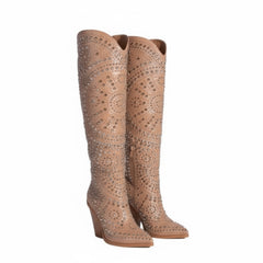 Tuhoomall Western Style Mid Calf Cowboy Boots with Chunky Heel, Pointed Toe, Zipper Closure, Studded Design, Vegan Leather, Ideal for Spring, Fall & Winter