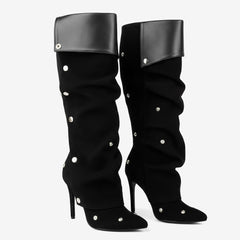 Tuhoomall Comfortable Knee-High Fashion Heels for Women - Chic Pointed Toe Ruched Boots with Rubber Sole
