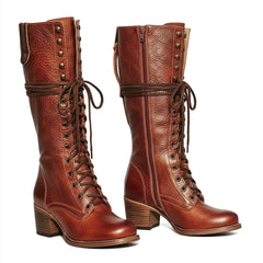 Tuhoomall Western Cowgirl Mid Calf Boots, Retro Chunky Heel, Round Toe, Zipper Closure, Stylish Casual Travel Footwear