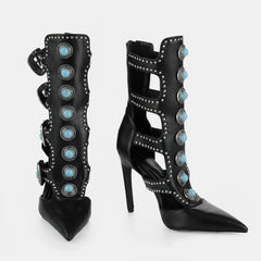 Tuhoomall Fashion Ankle Boots for Women with Chunky Heels, Pointed Toe, Embellished Design, Perfect for Casual, Performances, and Parties