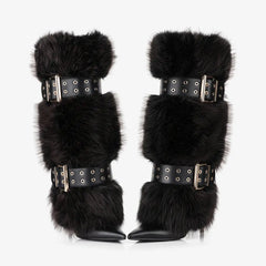 Tuhoomall Knee-High Folded Fashion Boots with Pointed Toe, Faux Fur Design, Adjustable Buckle, Stylish Rubber Sole for Parties and Performances Tuhoomall