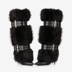 Tuhoomall Knee-High Folded Fashion Boots with Pointed Toe, Faux Fur Design, Adjustable Buckle, Stylish Rubber Sole for Parties and Performances