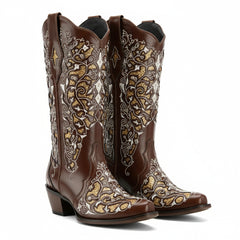 Tuhoomall Cowboy Boots for Women Western Square Toe Mid Calf White Cowgirl Boots Rhinestone Chunky Wedding