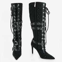 Tuhoomall Rhinestone Knee-High Heeled Boots for Women with Adjustable Strap, Faux Suede Finish and Geometric Pattern, Perfect for Parties and Dances