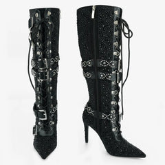 Tuhoomall Rhinestone Knee-High Heeled Boots for Women with Adjustable Strap, Faux Suede Finish and Geometric Pattern, Perfect for Parties and Dances Tuhoomall
