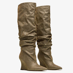 Tuhoomall Knee High Comfortable Wedge Booties With Pointed Toe For Parties, Performances, Fashion Events, Featuring Ruffled Design And Rubber Sole