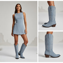 Tuhoomall Western Embroidered Pointed Toe Chunky Heel Slip-On Mid Calf Boots for Women, Retro Casual Style, Perfect for Weddings and Everyday Wear