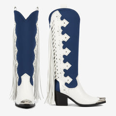 Tuhoomall Western Knee-High Boots for Women, Snip Toe, Fringe Accents, 7.5cm Chunky Heel - Perfect for Casual and Special Occasions Tuhoomall