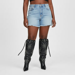 Tuhoomall Knee High Stiletto Boots With Studs And Ruffles For Parties - Elegant Pointed Toe And Adjustable Straps