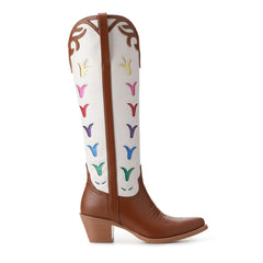 Tuhoomall Western Floral Embroidered Knee-High Boots, Chunky Heel Design, Slip-On Style for Travel and Casual Outings, Stylish Vegan Leather Tuhoomall
