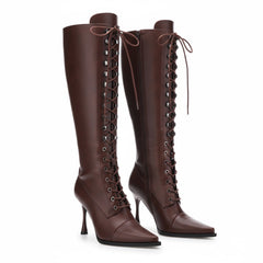 Tuhoomall Fashion Women's Knee-High Stiletto Boots, Elegant Party Wear with Lace-Up and Studs, Perfect for Weddings and Casual Outings Tuhoomall