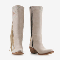 Tuhoomall Western Cowboy Boots for Women, Floral Embroidered Mid-Calf Chunky Heel, Trendy Fringe Detail, Perfect for Casual Outings and Performances