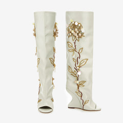 Tuhoomall Over-The-Knee Floral Embellished Heeled Boots for Party and Dance - Stylish Slip-On Design with Rhinestone and Sequin Detail