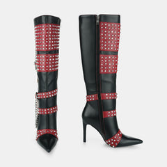 Tuhoomall Stiletto Knee-High Boots with Metallic Studs and Chic Design for Parties and Performances