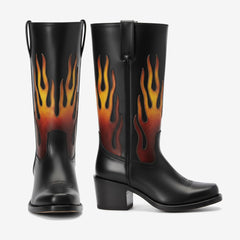 Tuhoomall Comfortable Mid-Calf Boots with Flame Gradient Design for Travel, Parties, and Performances - Chunky Heel, Slip-On, Floral Embroidery