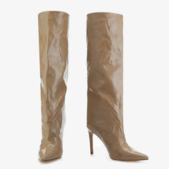 Tuhoomall Knee High Fashion Boots For Parties And Performances With 9.5cm Stiletto Heels And Crinkled PU Leather Tuhoomall