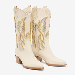 Tuhoomall Stylish Embroidered Knee High Boots, Suede Material, Low Chunky Heel, Perfect for Parties and Everyday Wear Tuhoomall